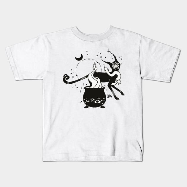 Black Cat Witch With Cauldron, Gothic Art Kids T-Shirt by cellsdividing